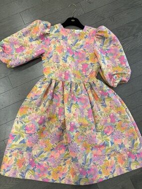 Floral Puff-Sleeve Girls' Formal Dress - Pink & Pastel Floral